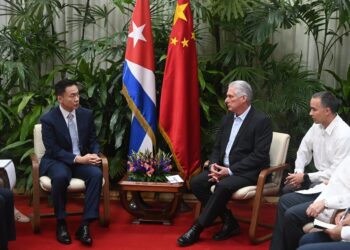 El presidente de Cuba, Miguel Díaz-Canel, conversa con el embajador de China, Hua Xin, durante un encuentro en La Habana, en el que se anunció una nueva ayuda de Pekín a la isla. Foto: Tomada del perfil en X de la Presidencia cubana.
