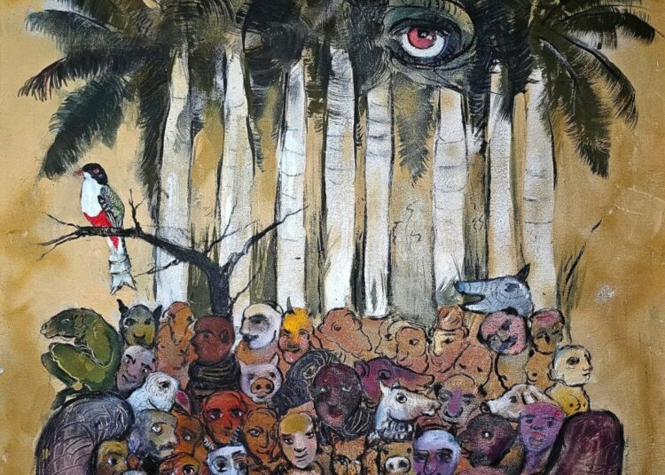 “Éxodo”, 2025. Mixta sobre lienzo, 46 x 37 pulgadas.