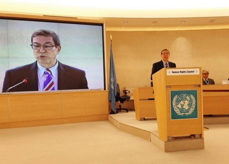 El canciller de Cuba, Bruno Rodríguez, durante una intervención en el Consejo de Derechos Humanos de la ONU, en Ginebra, Suiza. Foto: CubaMinrex / Archivo.