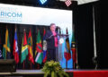 La secretaria general de la CARICOM, Carla Barnett, habla en la ceremonia inaugural de la conferencia anual del bloque caribeño, en Basseterre, San Cristóbal y Nieves, el 24 de febrero de 2026. Foto: Caricom / EFE.