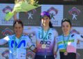 La cubana Arlenis Sierra (izquierda) en el podio de la Clásica de Almería 2026. Foto: Facebook Movistar Team.