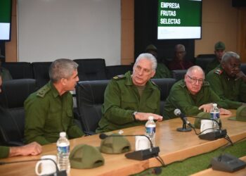 El presidente Miguel Díaz-Canel (c) y otros dirigentes cubanos durante un Día Nacional de la Defensa en La Habana. Foto: Tomada del perfil en X de la Presidencia cubana.