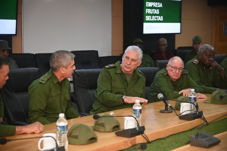 El presidente Miguel Díaz-Canel (c) y otros dirigentes cubanos durante un Día Nacional de la Defensa en La Habana. Foto: Tomada del perfil en X de la Presidencia cubana.