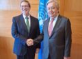 Bruno Rodríguez y Antonio Guterres en la ONU. Foto: @BrunoRguezP