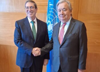Bruno Rodríguez y Antonio Guterres en la ONU. Foto: @BrunoRguezP