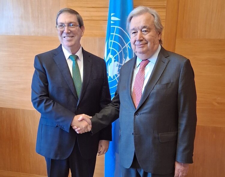 Bruno Rodríguez y Antonio Guterres en la ONU. Foto: @BrunoRguezP