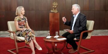 Fotograma cedido por la producción del documental 'Cuba After Castro' donde aparece su codirectora, la periodista Abby Martin, y el presidente de Cuba, Miguel Díaz-Canel. Foto: EFE.