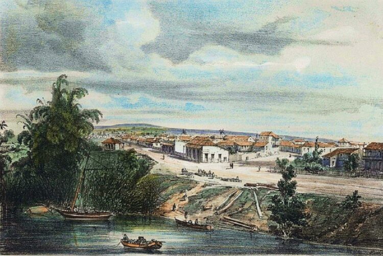 Sagua la Grande en 1841 según grabado de Federico Mialhe.