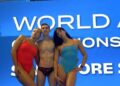Andrea Becali, Vladimir Hernández y Laurent Estrada (izquierda a derecha), tres de los nadadores que representarán a Cuba en los Juegos Centroamericanos y del Caribe de Santo Domingo 2026. Foto: World Aquatics/Archivo
