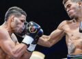 El cubano Erislandy Álvarez (izq.) fue derribado por el panameño José "Magnífico" Núñez en una velada profesional celebrada en Chile, el 24 de abril de 2026, y perdió su faja continental de la Asociación Mundial de Boxeo (AMB). Foto: Boxeo Panamá / Facebook.