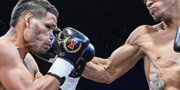 El cubano Erislandy Álvarez (izq.) fue derribado por el panameño José "Magnífico" Núñez en una velada profesional celebrada en Chile, el 24 de abril de 2026, y perdió su faja continental de la Asociación Mundial de Boxeo (AMB). Foto: Boxeo Panamá / Facebook.