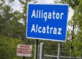 El letrero de Alligator Alcatraz permanece colocado fuera de las puertas del centro de detención Alligator Alcatraz en Ochopee, Florida, EE. UU., el 10 de mayo de 2026, mientras activistas protestan afuera exigiendo que se cierre la instalación. Foto: EFE/EPA/CRISTOBAL HERRERA-ULASHKEVICH.