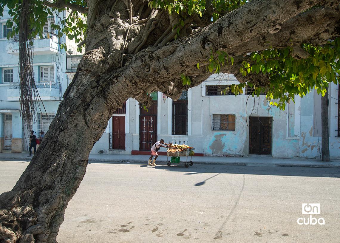 Carretillero por la calle Martí, en el entorno del Parque de las Madres en Regla, La Habana. Foto: Otmaro Rodríguez.