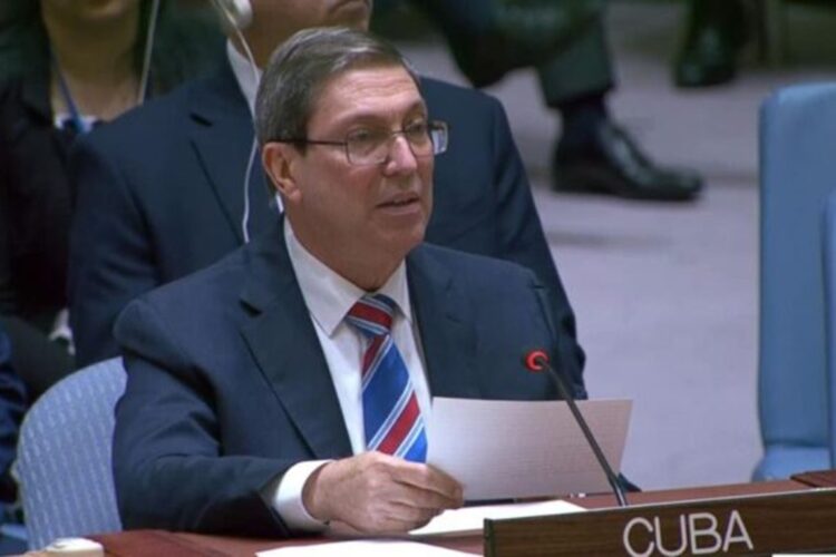 El ministro cubano de Relaciones Exteriores, Bruno Rodríguez Parrilla, durante una intervención en el Consejo de Seguridad de la ONU, el 26 de mayo de 2026. Foto: Tomada del perfil de Facebook del Minrex.