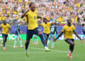 Gonzalo Plata celebra el gol que dio a Ecuador el triunfo 2-1 ante Alemania y con ello, el pase a la segunda fase del Mundial de fútbol 2026. Foto: Sebastiao Moreira / EFE.