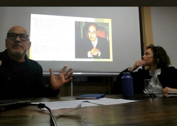 Gersende Camenen y Armando Valdés Zamora en el Instituto de Literatura Hispanoamericana. Fotograma de la conferencia.