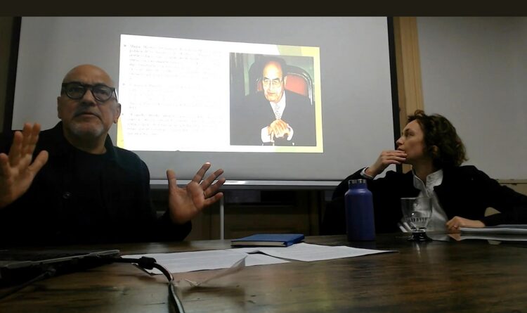 Gersende Camenen y Armando Valdés Zamora en el Instituto de Literatura Hispanoamericana. Fotograma de la conferencia.