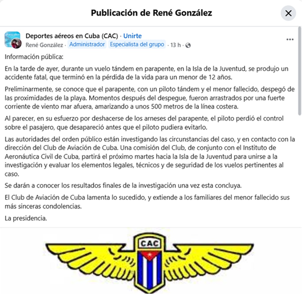 Comunicado del Club de Aviación de Cuba (CAC) en las redes sociales. 