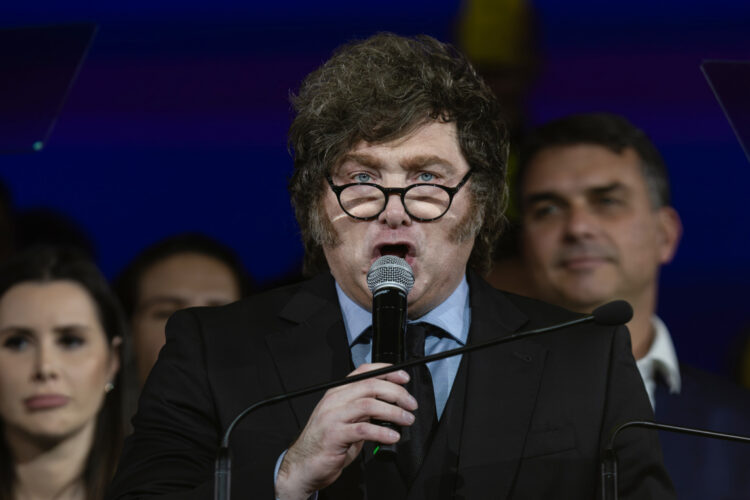 El presidente de Argentina, Javier Milei, habla en la convención nacional del Partido Liberal de Brasil (PL) en São Paulo, el 25 de julio de 2026. Foto: Isaac Fontana / EFE.