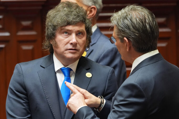 Javier Milei (i), habla con su homólogo de Bolivia, Rodrigo Paz, durante los actos oficiales de la transmisión de mando e investidura de la presidenta electa de Perú, Keiko Fujimori, este martes en Lima. Foto: Guadalupe Pardo/EFE.