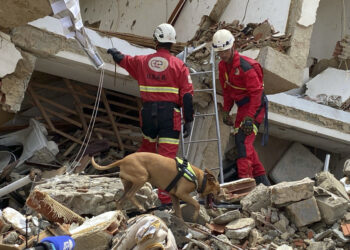Rescatistas laboran en la búsqueda de víctimas y sobrevivientes tras los terremotos en Venezuela. Foto: Gea / EFE.