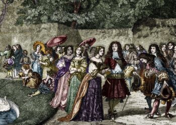 Luis XIV en los jardines de Versalles rodeado de su corte. Grabado del siglo XIX.