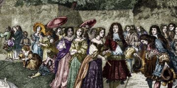 Luis XIV en los jardines de Versalles rodeado de su corte. Grabado del siglo XIX.
