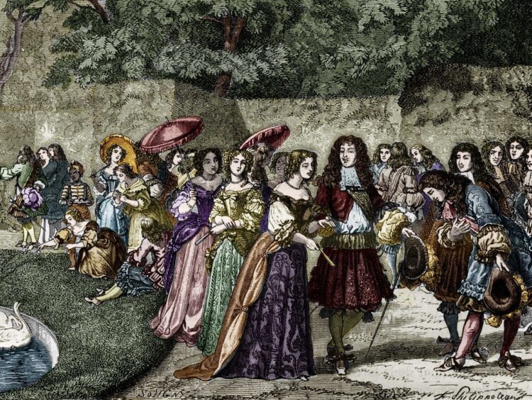 Luis XIV en los jardines de Versalles rodeado de su corte. Grabado del siglo XIX.