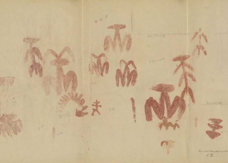 Reproducción de las pinturas rupestres que representan mujeres pariendo hace 6 mil años, en Peñaescrita, en Fuencaliente (Ciudad Real), España, realizada por Francisco Mellado hacia 1920. Museo Virtual de Ecología Humana, CC BY-SA