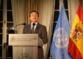 El ministro de Asuntos Exteriores español, José Manuel Albares, habla en un acto en Nueva York. Foto: Octavio Guzmán / EFE.