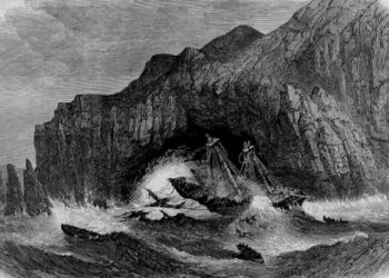 Litografía publicada por Illustrated London News (18 de abril de 1868) que recrea el hundimiento del General Grant frente a las islas Auckland.