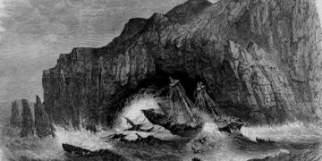Litografía publicada por Illustrated London News (18 de abril de 1868) que recrea el hundimiento del General Grant frente a las islas Auckland.