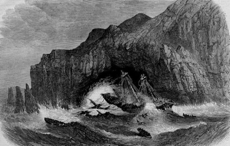 Litografía publicada por Illustrated London News (18 de abril de 1868) que recrea el hundimiento del General Grant frente a las islas Auckland.