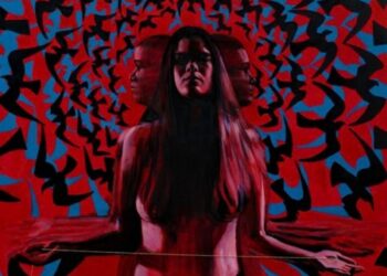 Adriana Mugia. “El hilo dorado”, 2025. De la serie “ El hilo dorado”. Óleo y bordado sobre lienzo, 120
x 150 cm. (recorte de la obra).