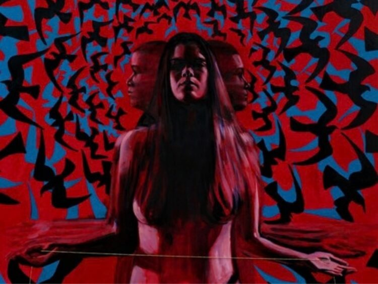 Adriana Mugia. “El hilo dorado”, 2025. De la serie “ El hilo dorado”. Óleo y bordado sobre lienzo, 120
x 150 cm. (recorte de la obra).