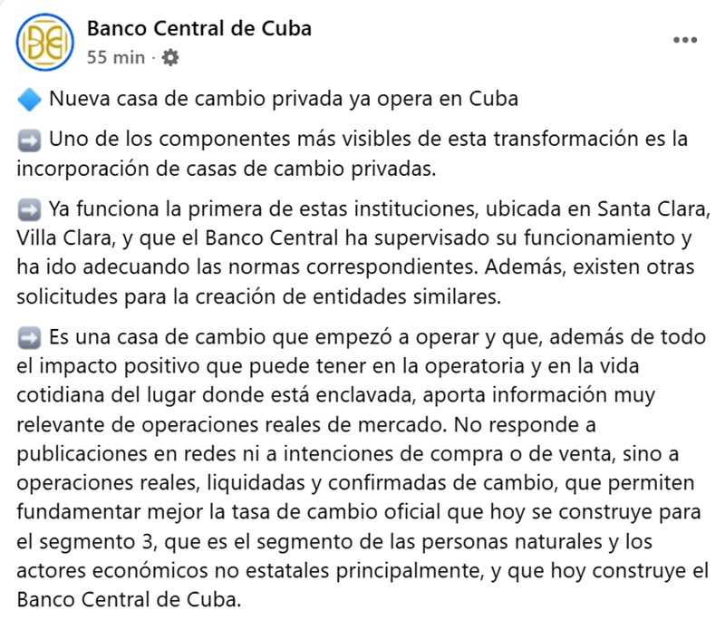 Publicación en Facebook del Banco Central de Cuba (BCC).