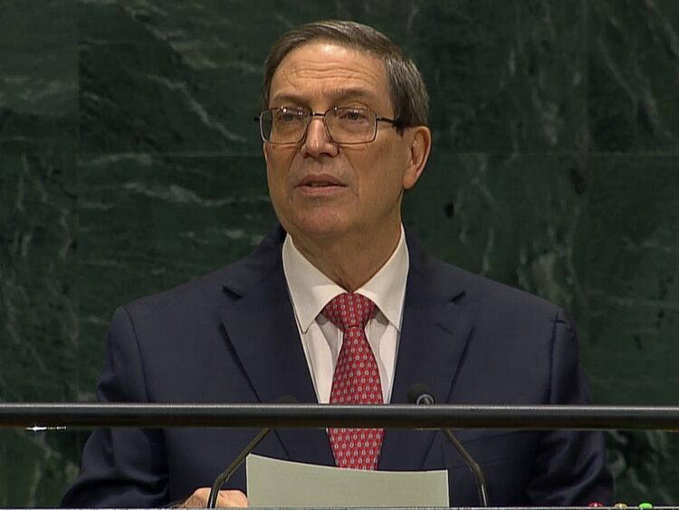 El canciller cubano, Bruno Rodríguez, habla ante la Asamblea General de la ONU, el 27 de septiembre de 2026. Foto: @CubaMINREX / X.