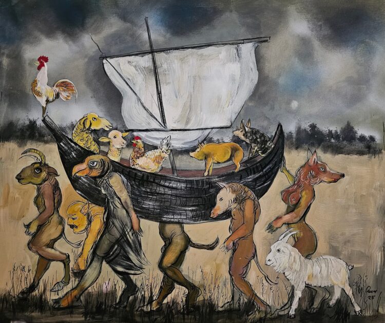 “Éxodo. Adiós Cuba”, 2025. Mixta sobre lienzo, 40 x 47 pulgadas.