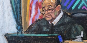 Fotografía de archivo en la que se observa un dibujo realizado por la artista Jane Rosenberg del juez Alvin Hellerstein, durante una audiencia de Cilia Flores, esposa del depuesto presidente venezolano Nicolás Maduro, en un tribunal de Nueva York. Foto: Jane Rosenberg / EFE / Archivo.