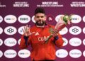 Luis Alberto Orta en el podio del Campeonato Mundial de Luchas Astana 2026. Foto: UWW