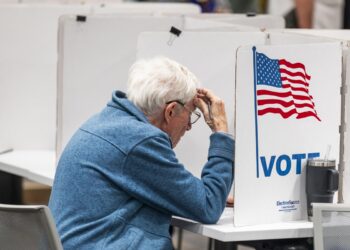 Un votante de Virginia emite su voto para las elecciones legislativas en el Centro Gubernamental Franconia en Alexandria, Virginia, Estados Unidos. Foto: EFE/JIM LO SCALZO.