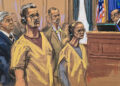 Fotografía de un dibujo realizado por la artista Jane Rosenberg que muestra al depuesto presidente venezolano Nicolás Maduro y su esposa, Cilia Flores, escuchando al juez federal Alvin Hellerstein (d), junto a sus abogados defensores (atrás), durante una audiencia celebrada en un tribunal federal en Nueva York, el 15 de octubre de 2026. Imagen: Jane Rosenberg / EFE.