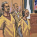Fotografía de un dibujo realizado por la artista Jane Rosenberg que muestra al depuesto presidente venezolano Nicolás Maduro y su esposa, Cilia Flores, escuchando al juez federal Alvin Hellerstein (d), junto a sus abogados defensores (atrás), durante una audiencia celebrada en un tribunal federal en Nueva York, el 15 de octubre de 2026. Imagen: Jane Rosenberg / EFE.