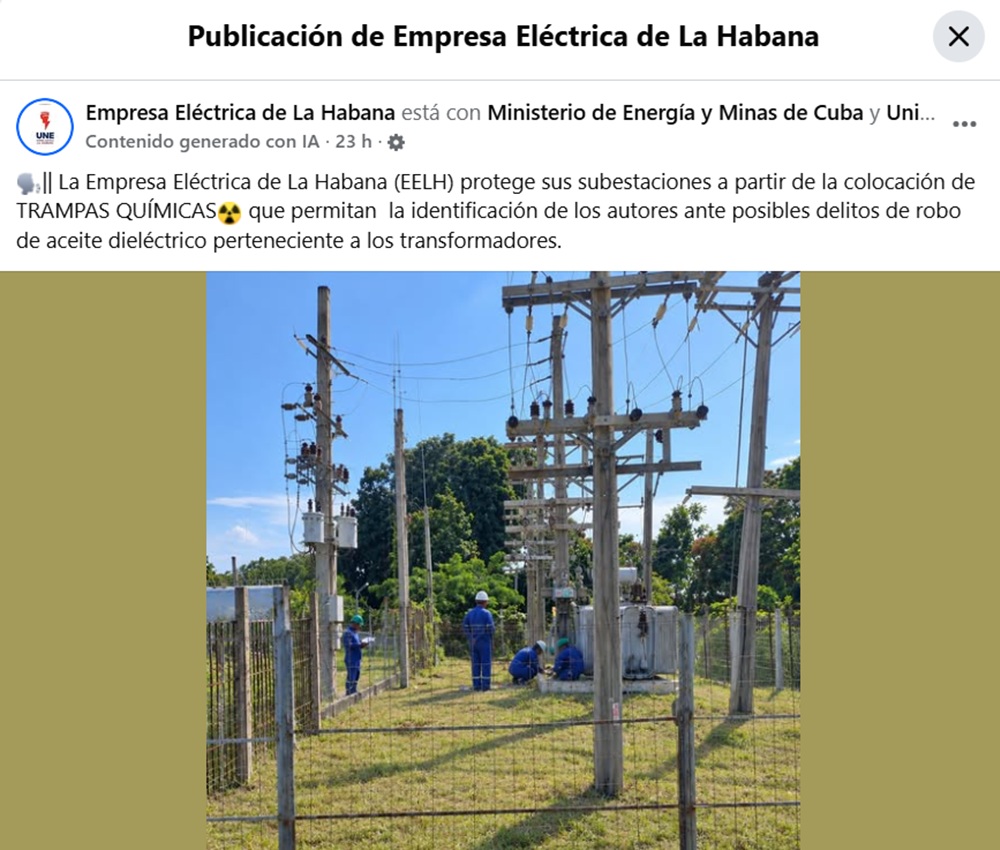 Captura de pantalla de publicación en Facebook de la Empresa Eléctrica de La Habana.