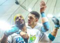 Los cubanos Yandy Díaz y Víctor Mesa Jr. celebran el título de los Rays de Tampa Bay en la Serie de Campeonato de la Liga Americana y su avance a la Serie Mundial de la MLB. Foto: Tomada del perfil de Facebook de los Tampa Bay Rays.